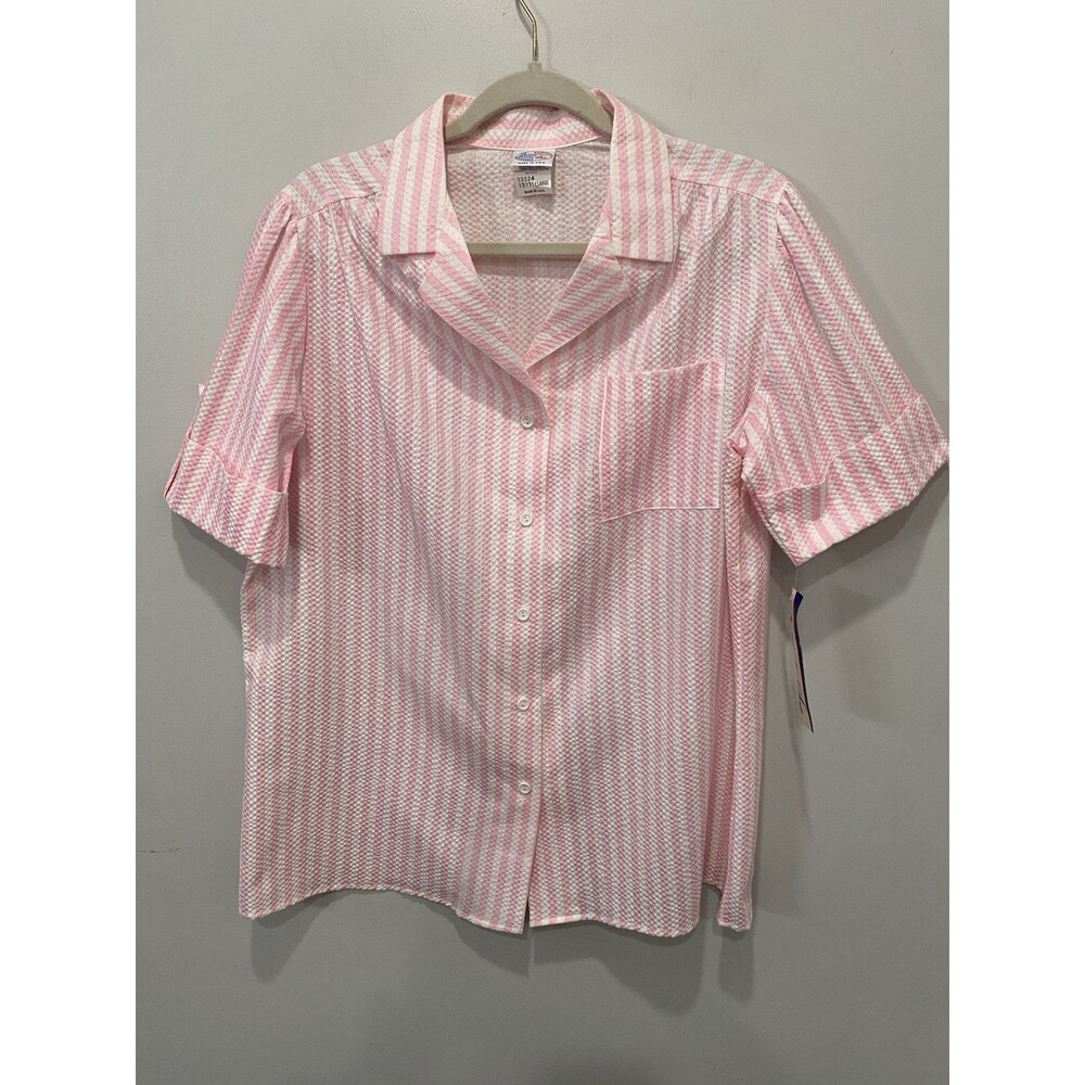 Vtg Land ’n Sea Pink Stripe Seersucker Short Sleeve Button Up Sz L NWT Coastal